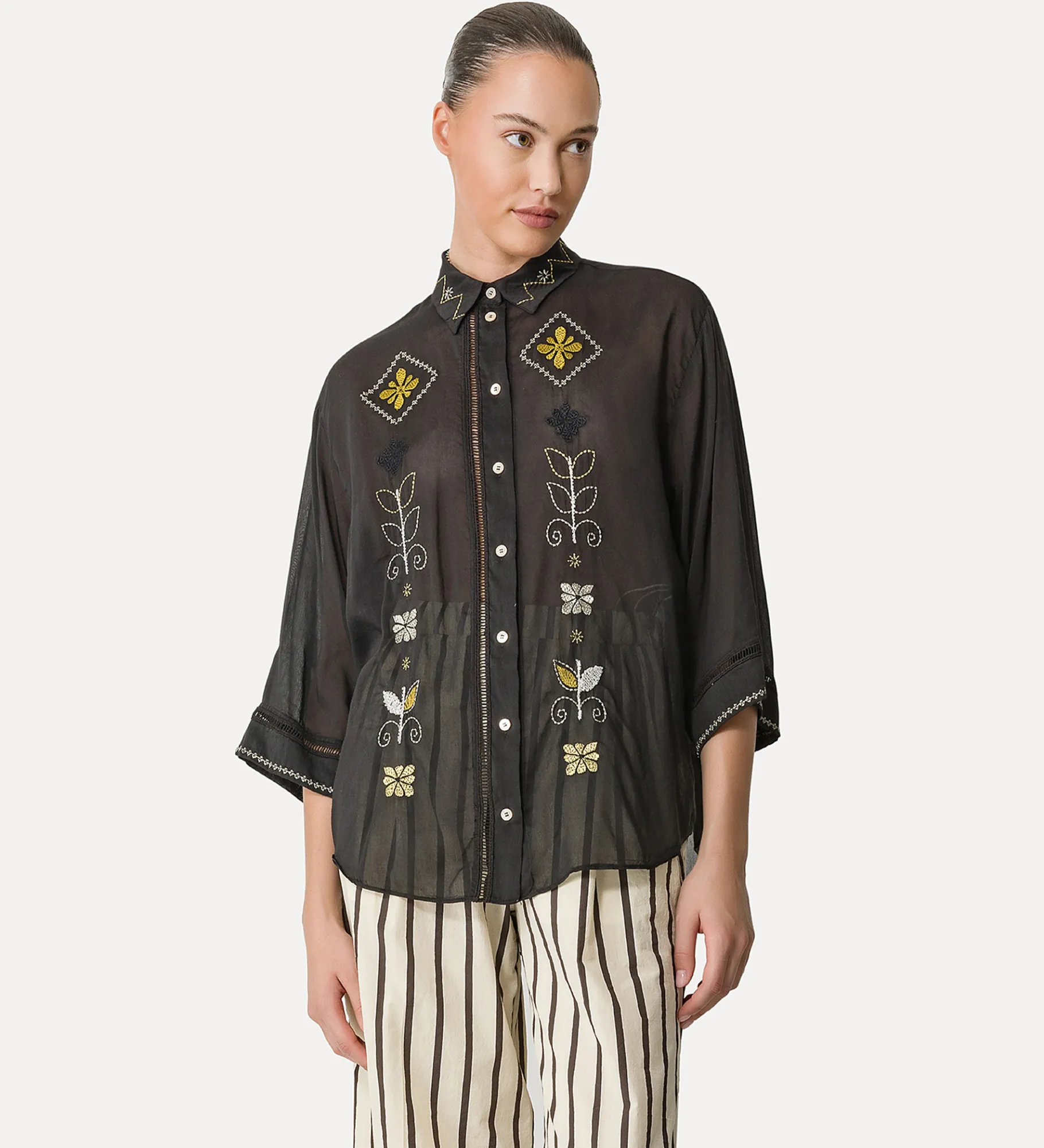 forte_forte Chemises^chemise à manches trois quarts en voile avec broderie “oniric blossom” nero