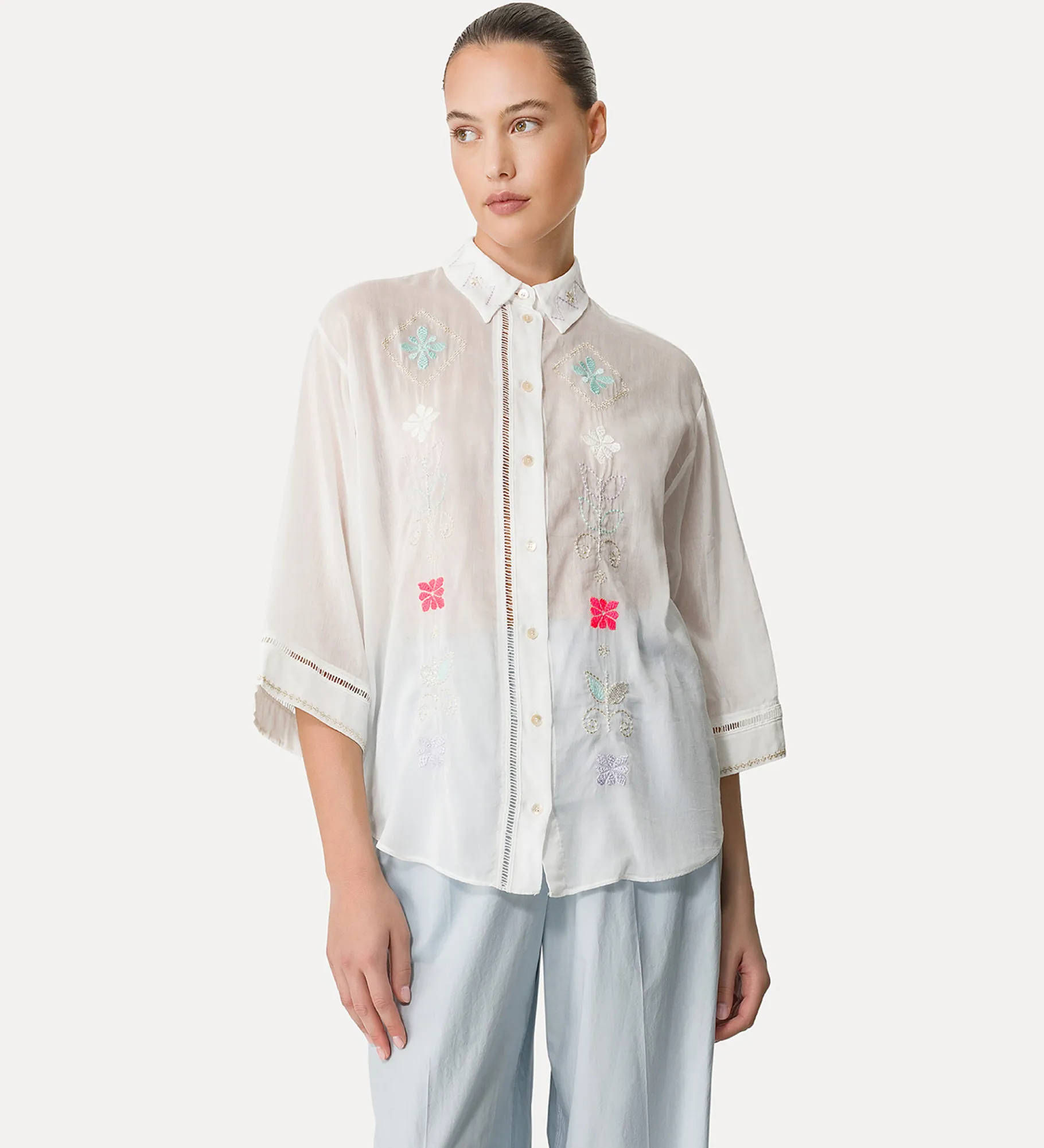 forte_forte Chemises^chemise à manches trois quarts en voile avec broderie “oniric blossom” bianco