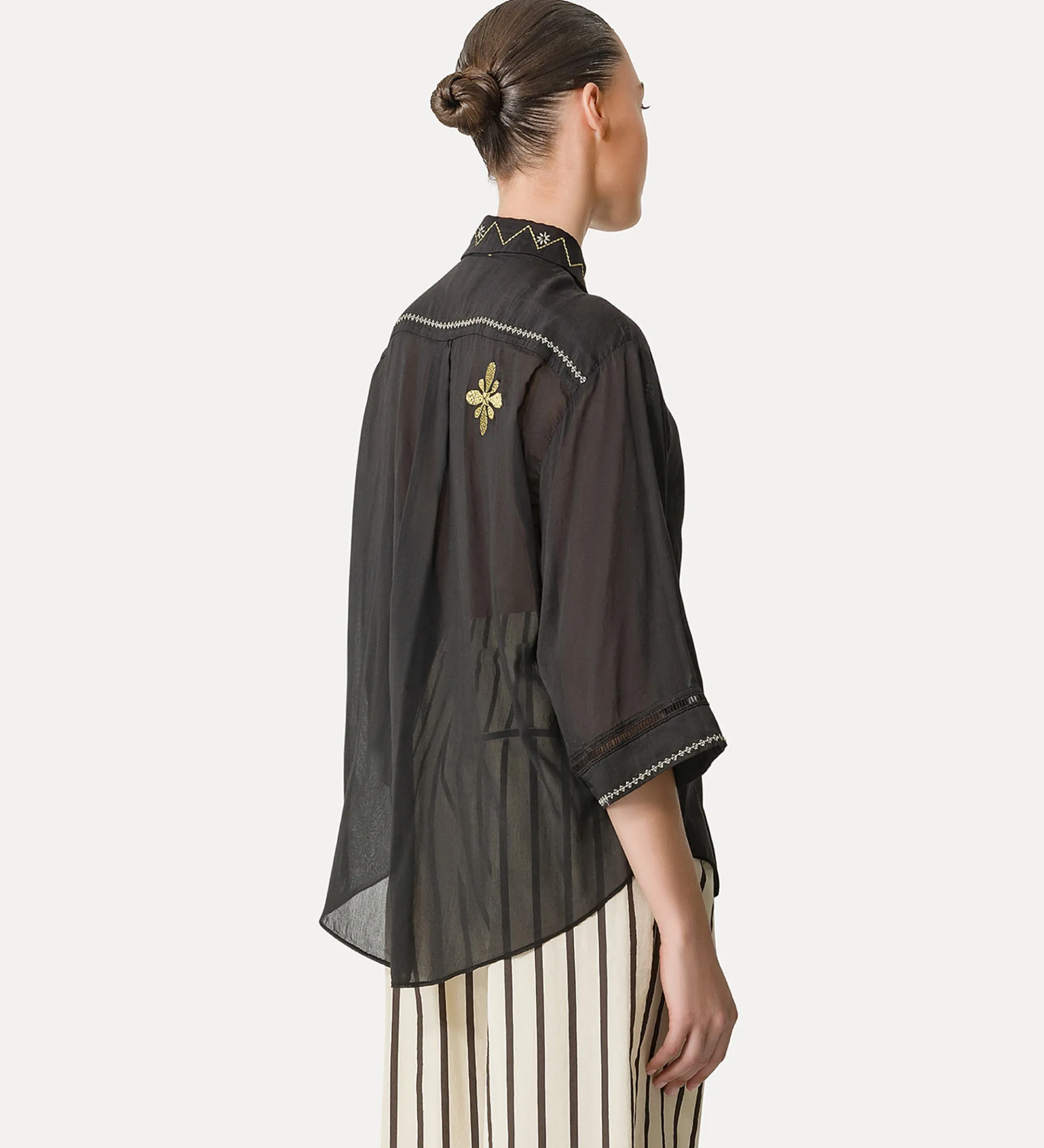 forte_forte Chemises^chemise à manches trois quarts en voile avec broderie “oniric blossom” nero