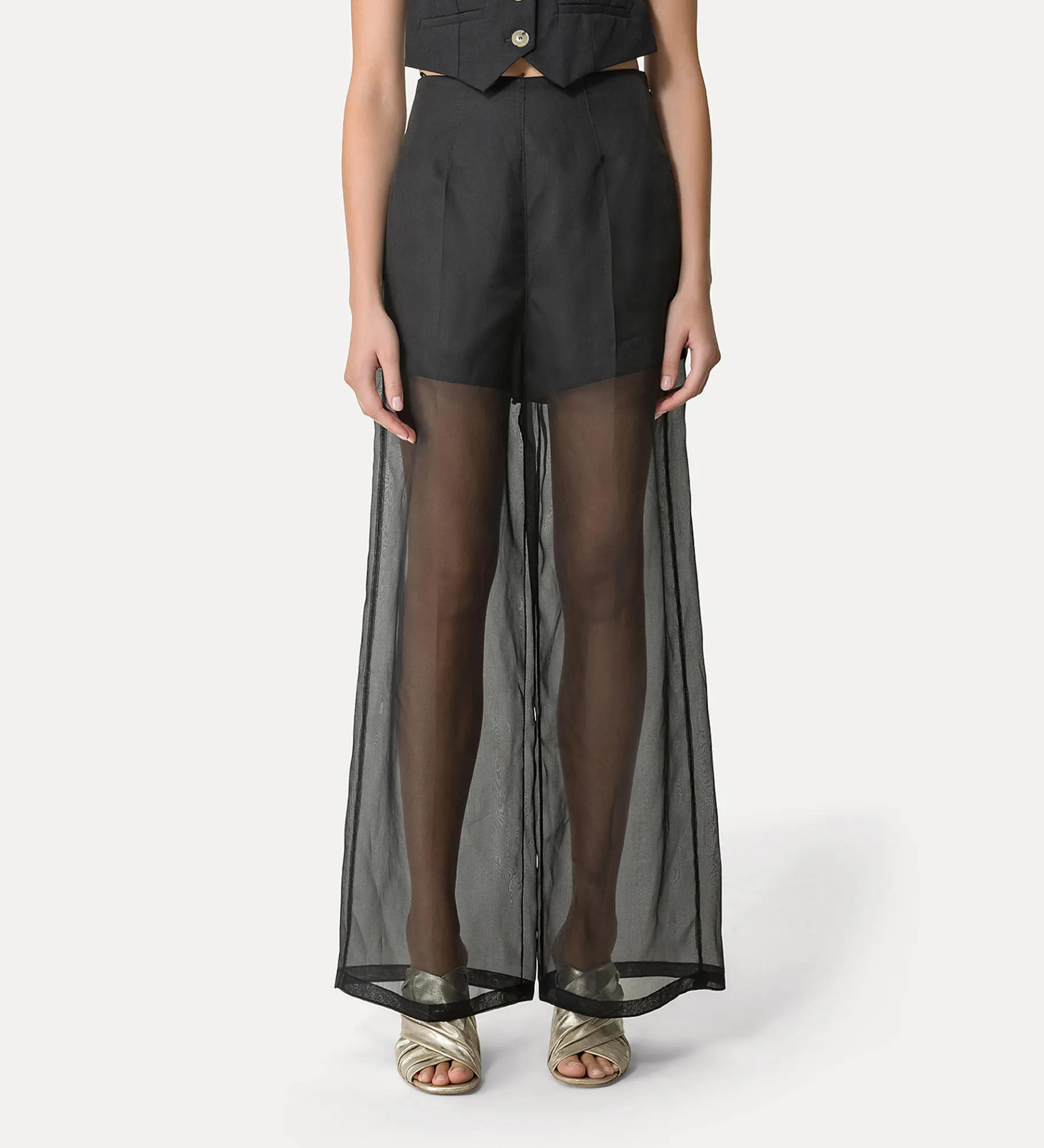 forte_forte Pantalons^pantalon à jambes larges en organza de soie noir